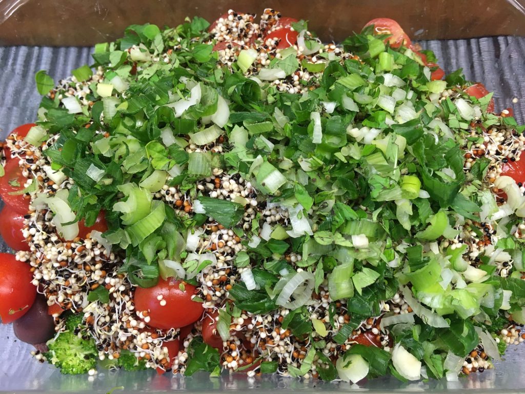 Brokkoli Salat mit getrockneten Tomaten, schwarzen Oliven, Kichererbsen und Quinoa Sprossen